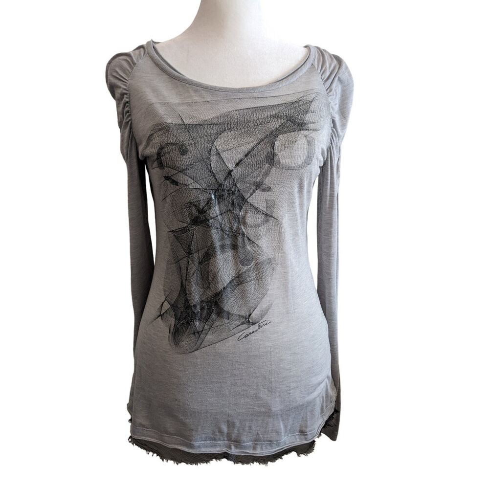 Caractère Caractere Silver Sheer Ruched Sleeve Abstract Tshirt Small